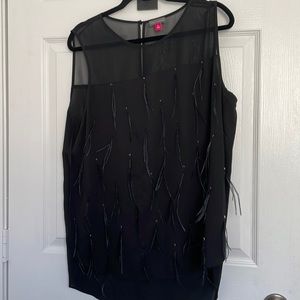 Vince Camuto feather dressy black top with illusion yolk and feather details
